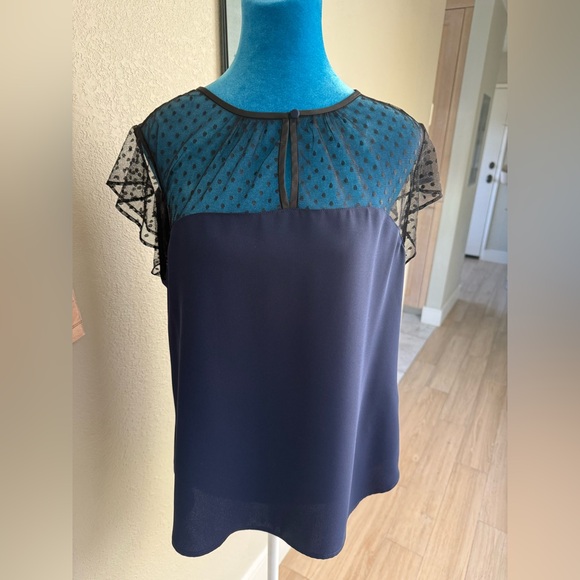 J. Crew Tops - J. Crew Navy Blue Sheer Polka Dot Flutter Sleeve Blouse - Dry Cleaned